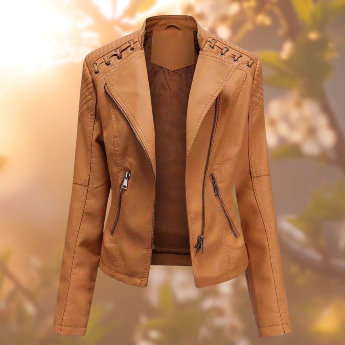 Asymmetric Zip Biker Jacket With Shoulder Lacing