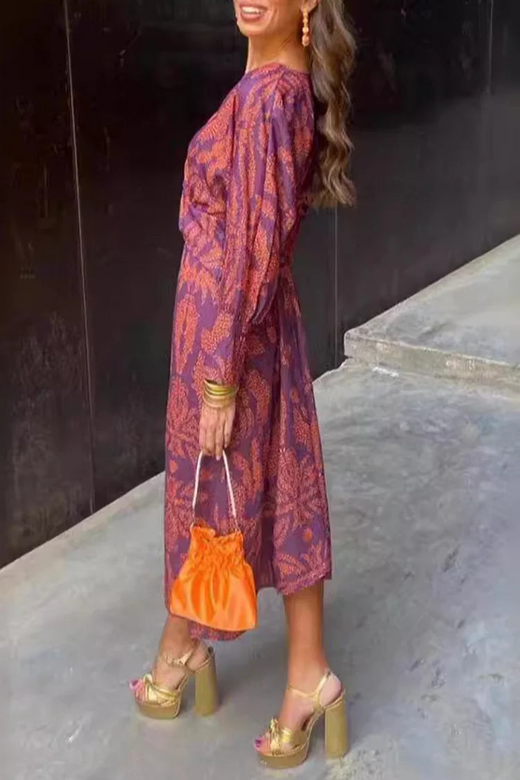 Floral Ruched V-Neck Three-Quarter Sleeve Midi Dress