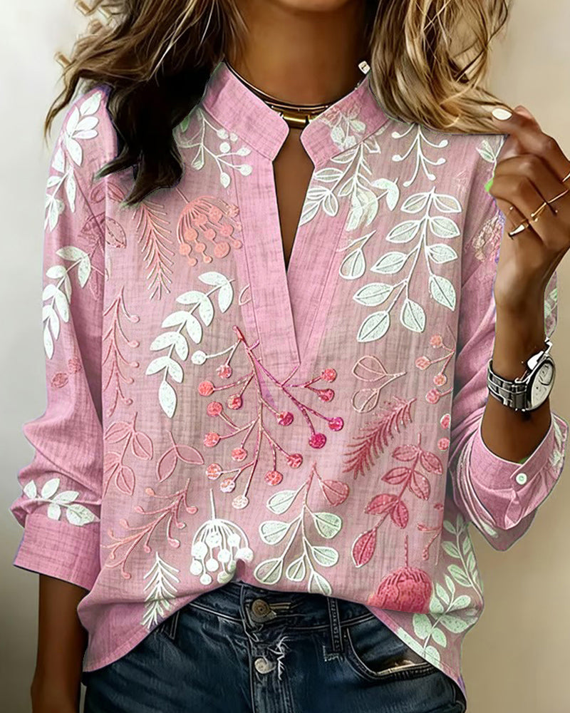 Floral Print V-Neck Blouse with Short Sleeves
