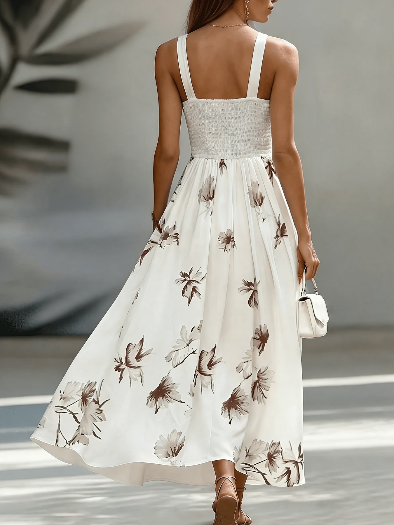 Backless Floral Patchwork Ruched Flared Maxi Dress