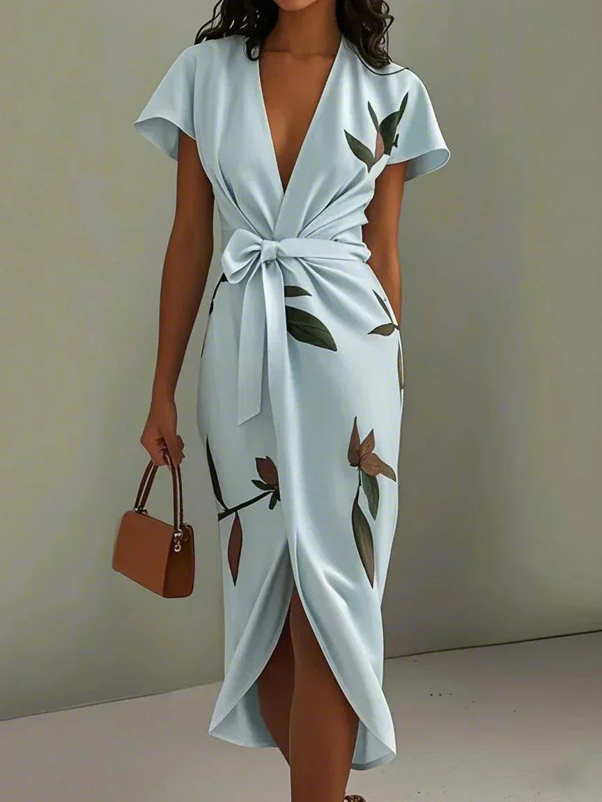 Tied Waist V-Neck Wrap Dress