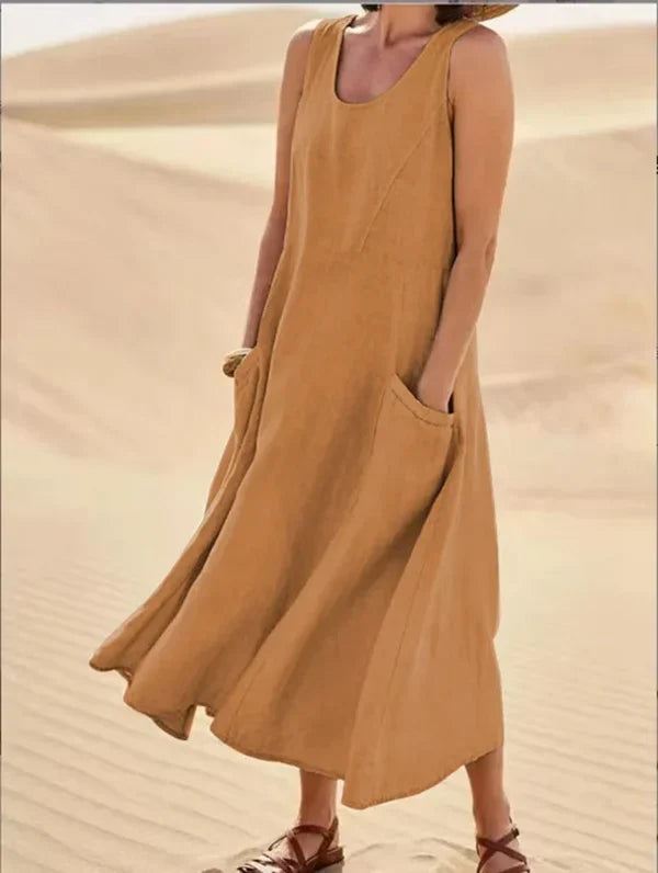 Relaxed Linen Midi Dress With Side Pockets