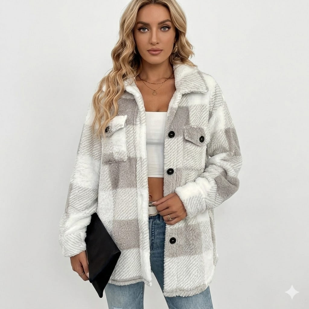 Sophie Laurent Plush Checkered Sherpa Jacket