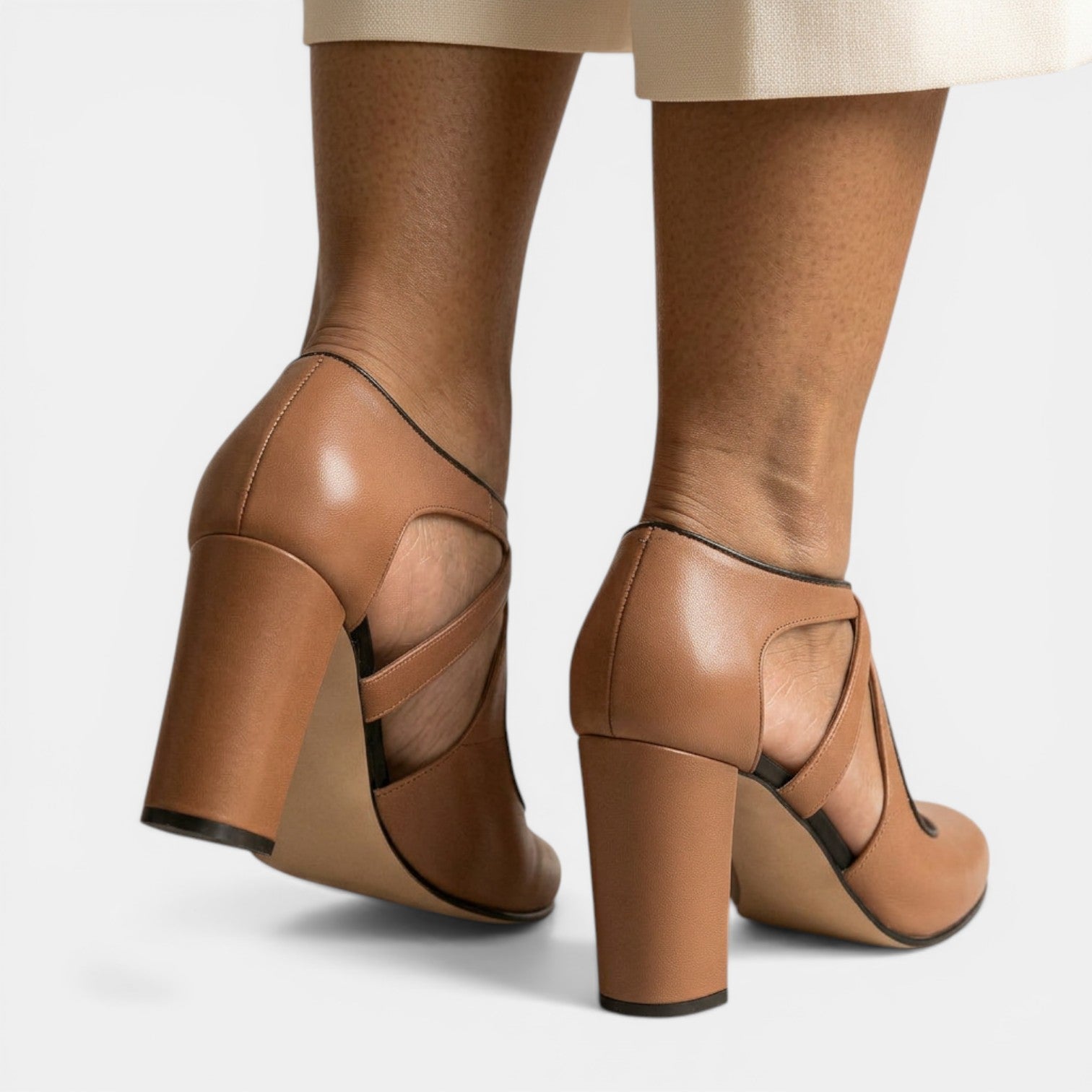 T-Strap Leather High Heel Sandals with Round Toe Buckle