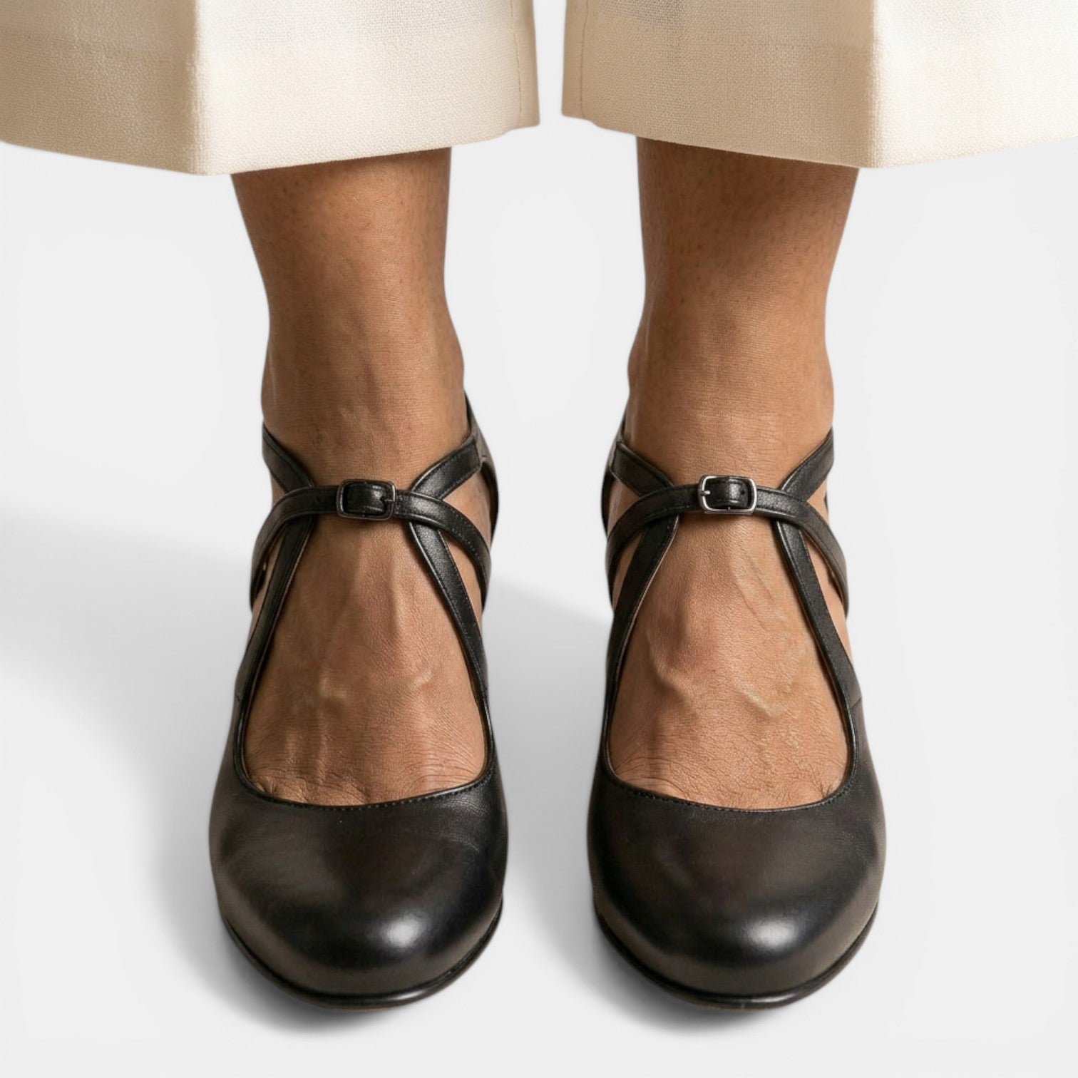 T-Strap Leather High Heel Sandals with Round Toe Buckle