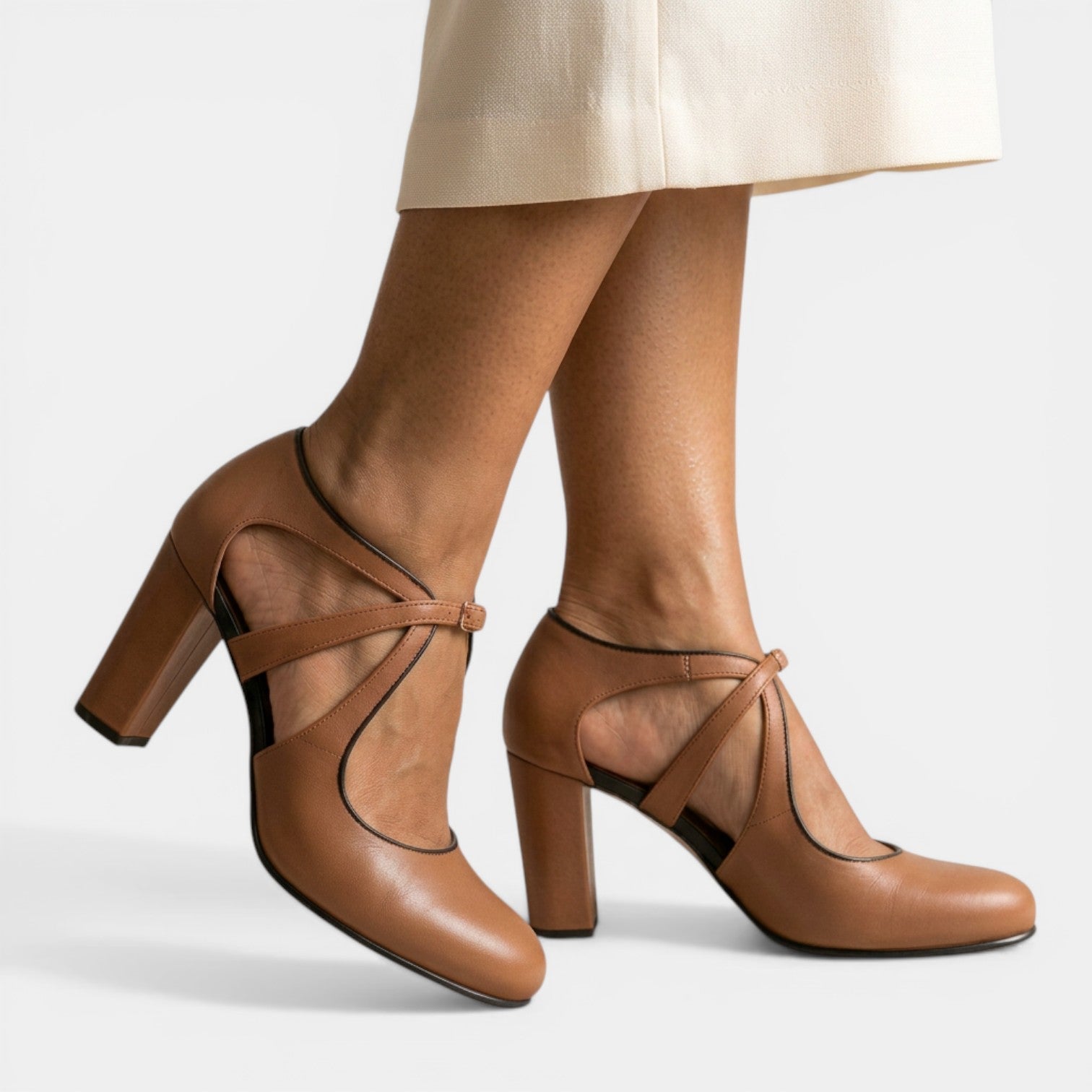 T-Strap Leather High Heel Sandals with Round Toe Buckle