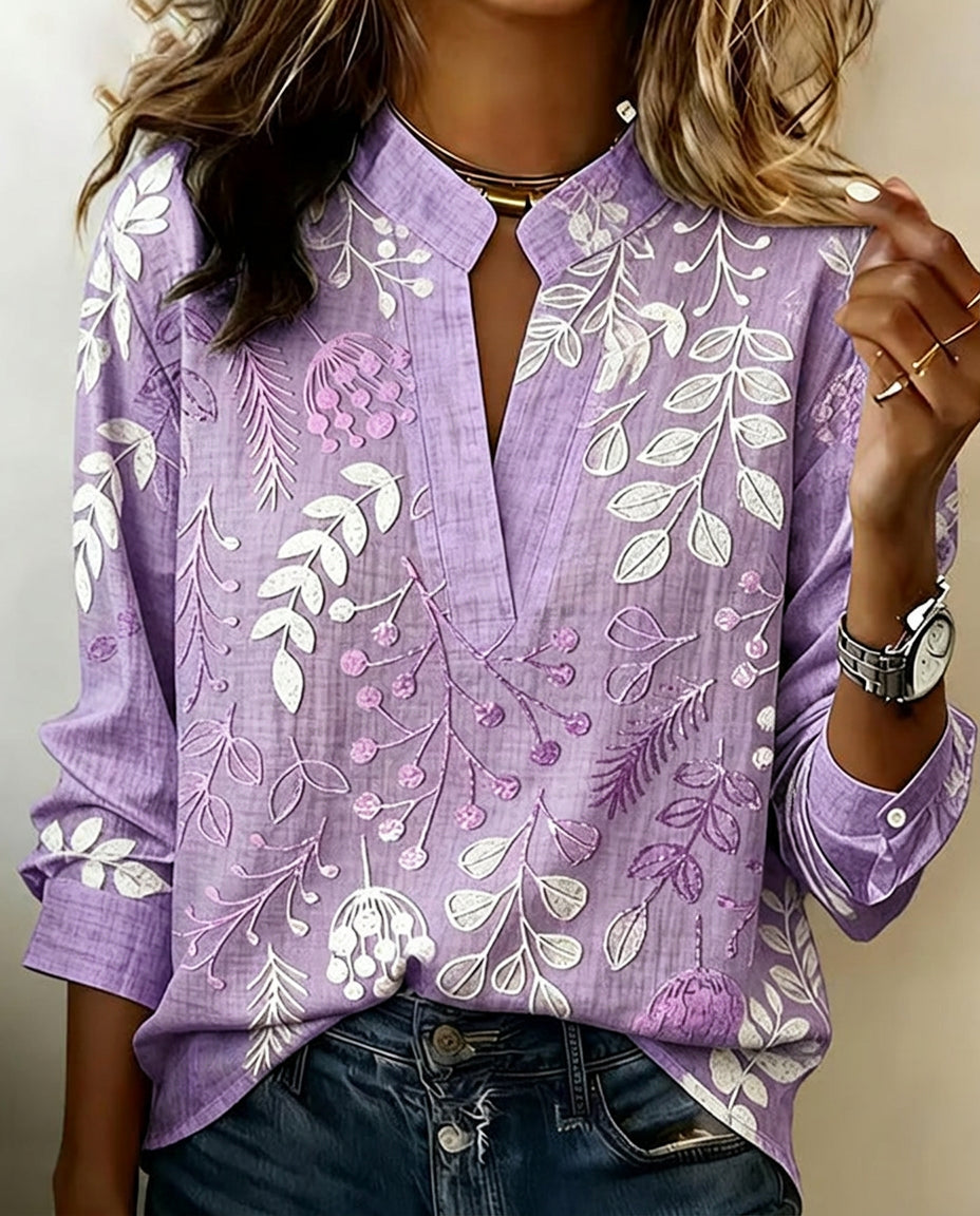 Floral Print V-Neck Blouse with Short Sleeves
