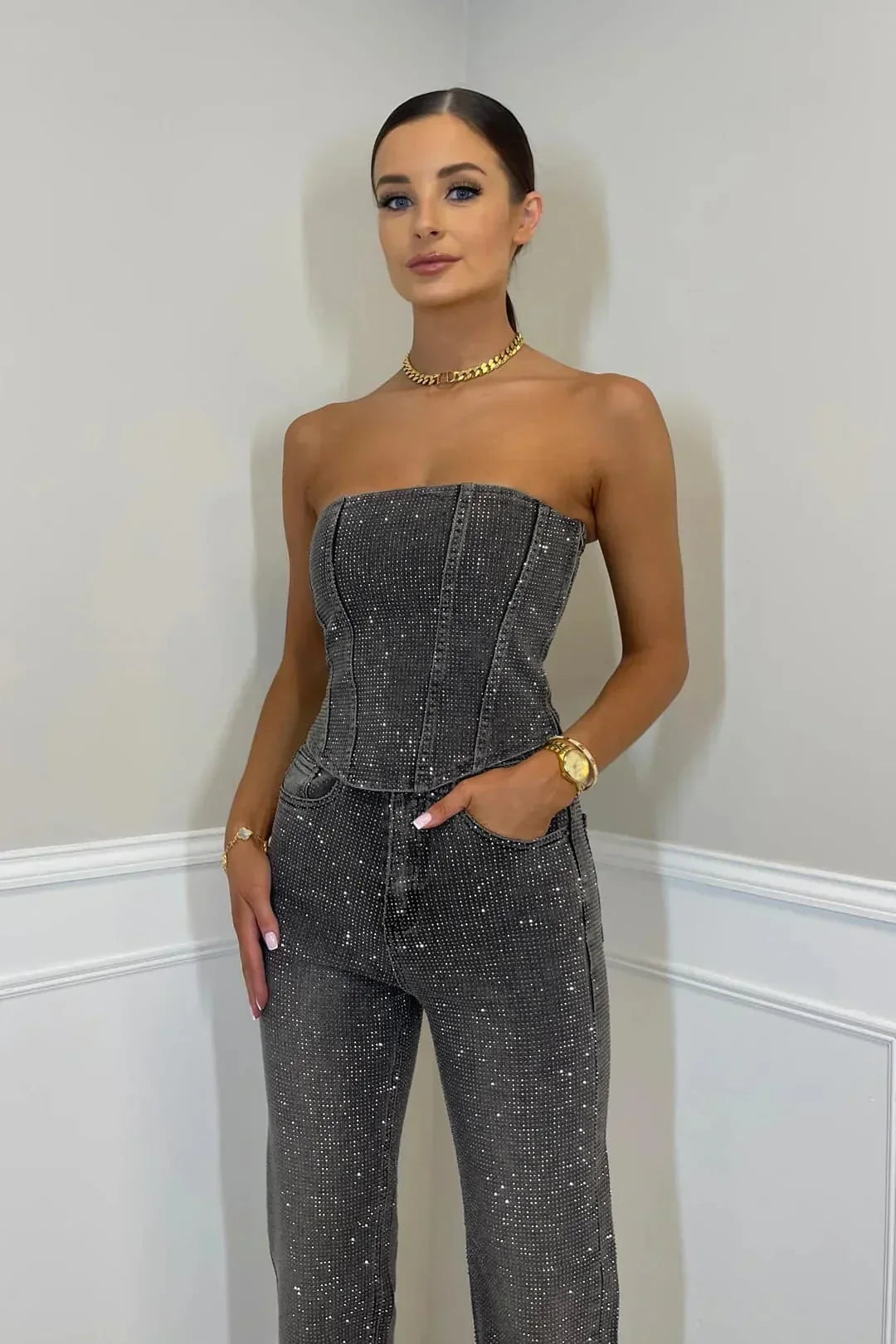 Women's Glitter Top and High-Waist Jeans Set