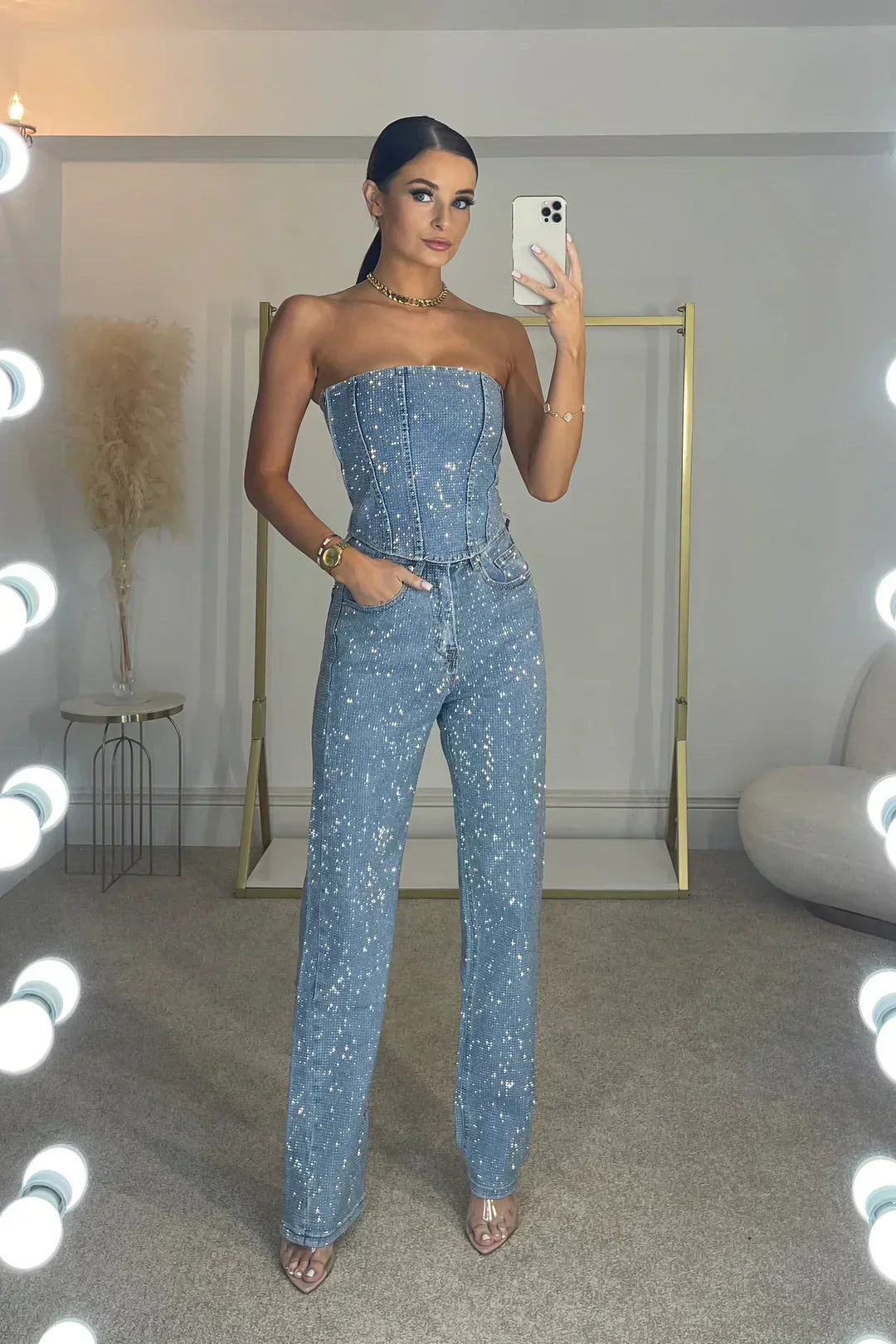Women's Glitter Top and High-Waist Jeans Set