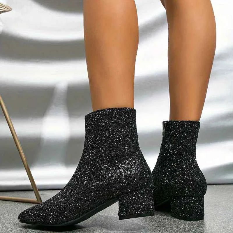 Glitter Ankle Boots with Block Heel and Side Zip