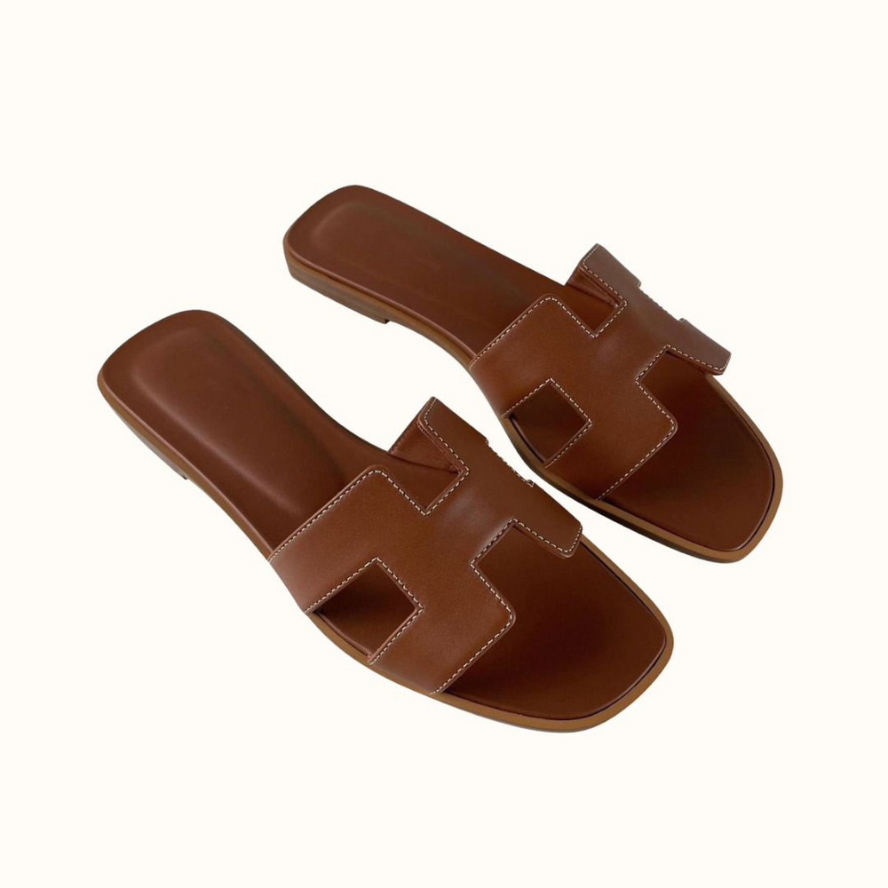 Leather H-Strap Low Heel Slip-On Sandal