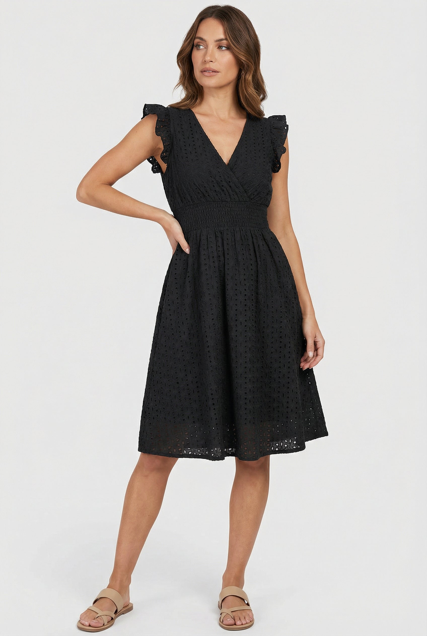 A-Line Eyelet Dress with Smocked Waist and Cap Sleeves