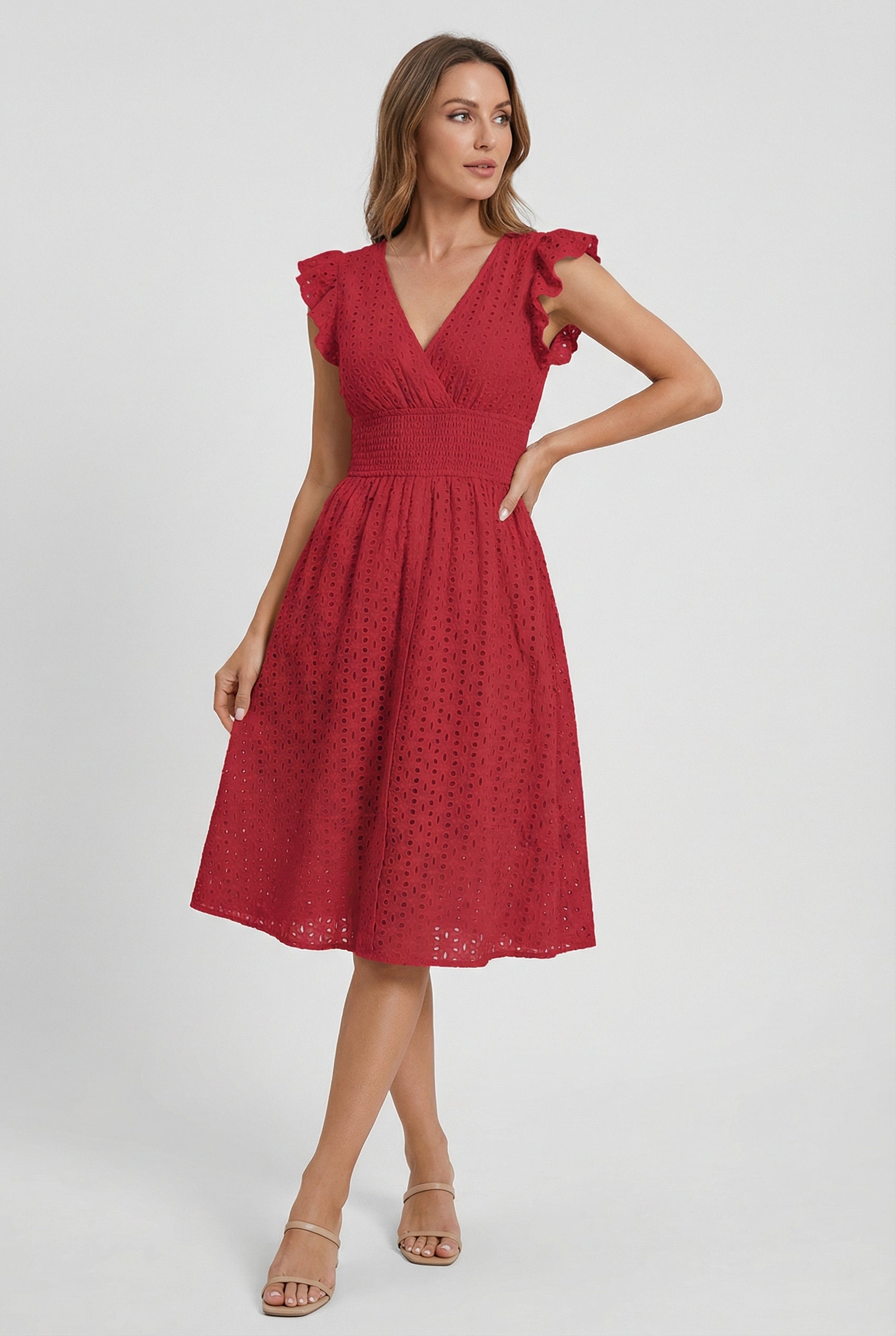 A-Line Eyelet Dress with Smocked Waist and Cap Sleeves