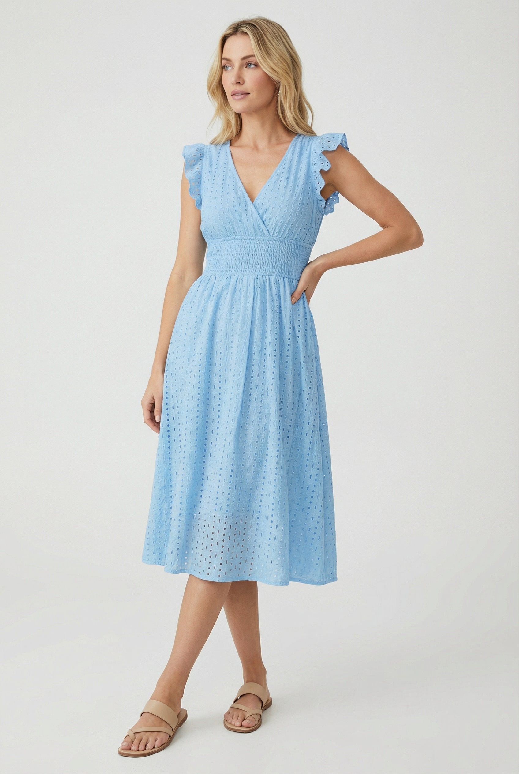 A-Line Eyelet Dress with Smocked Waist and Cap Sleeves