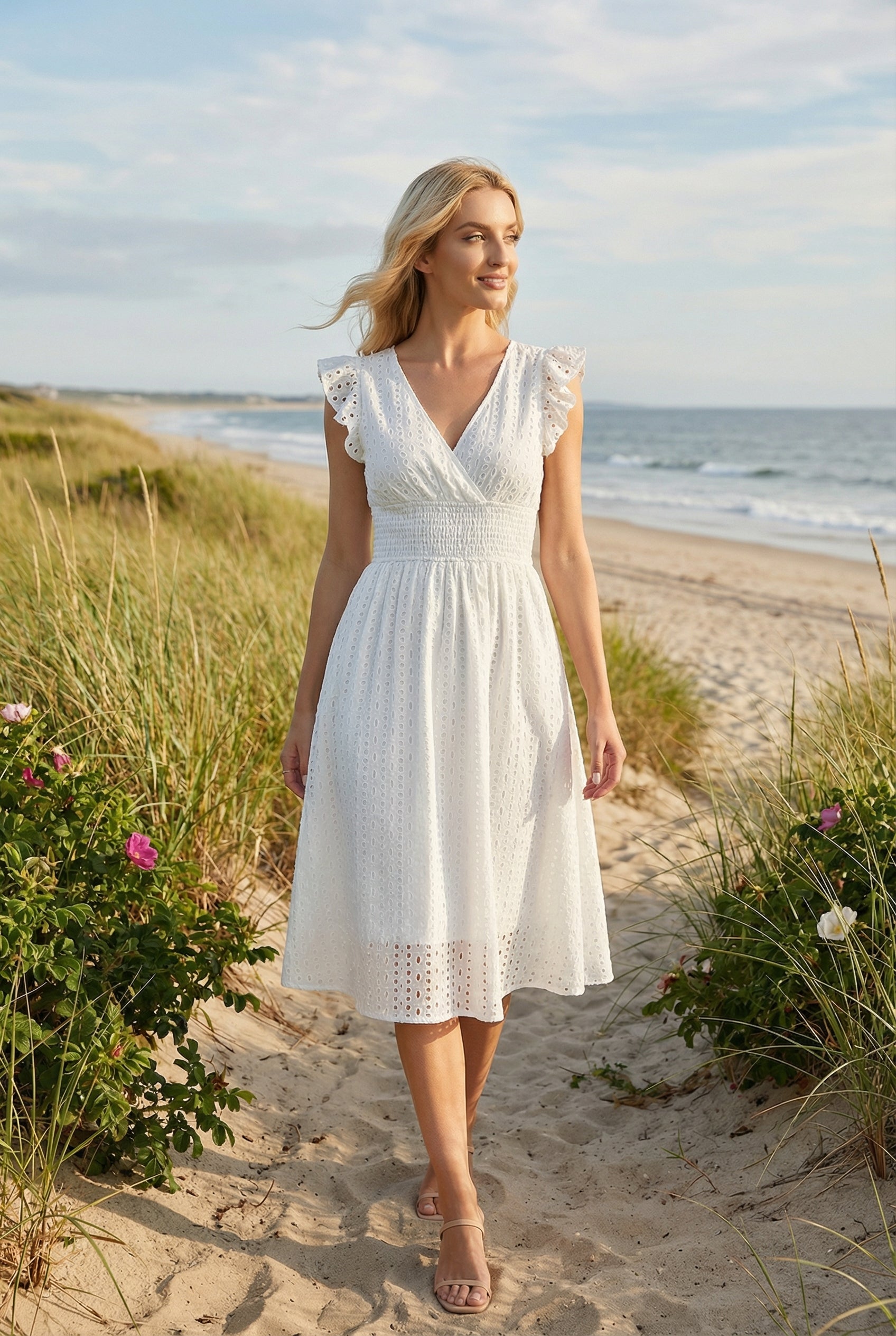 A-Line Eyelet Dress with Smocked Waist and Cap Sleeves