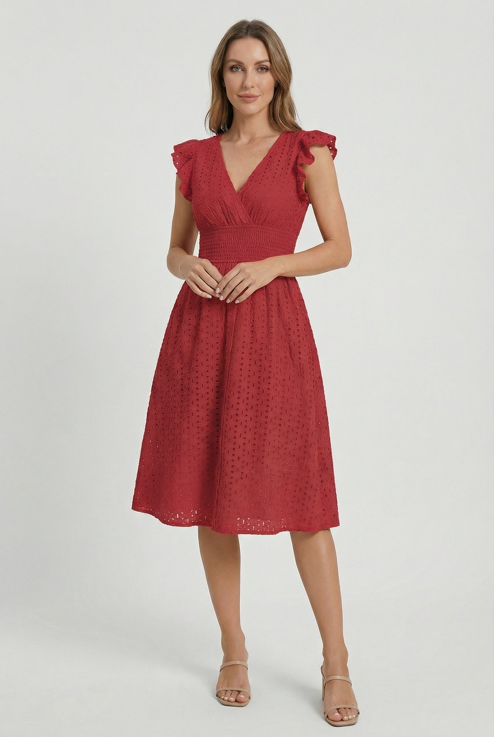 A-Line Eyelet Dress with Smocked Waist and Cap Sleeves