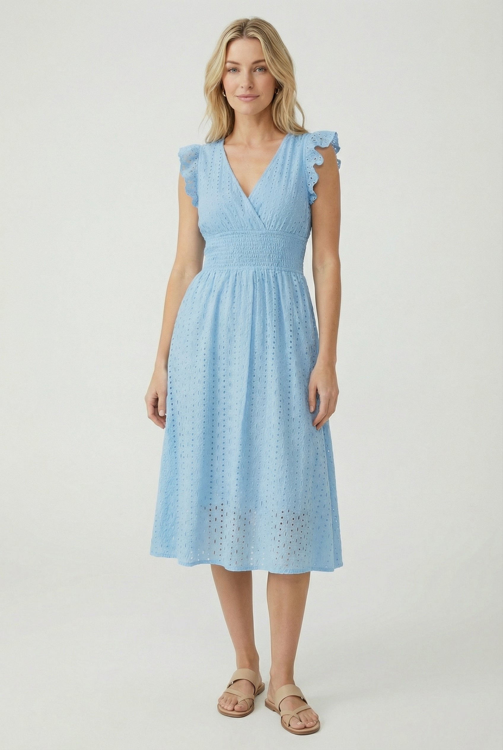 A-Line Eyelet Dress with Smocked Waist and Cap Sleeves