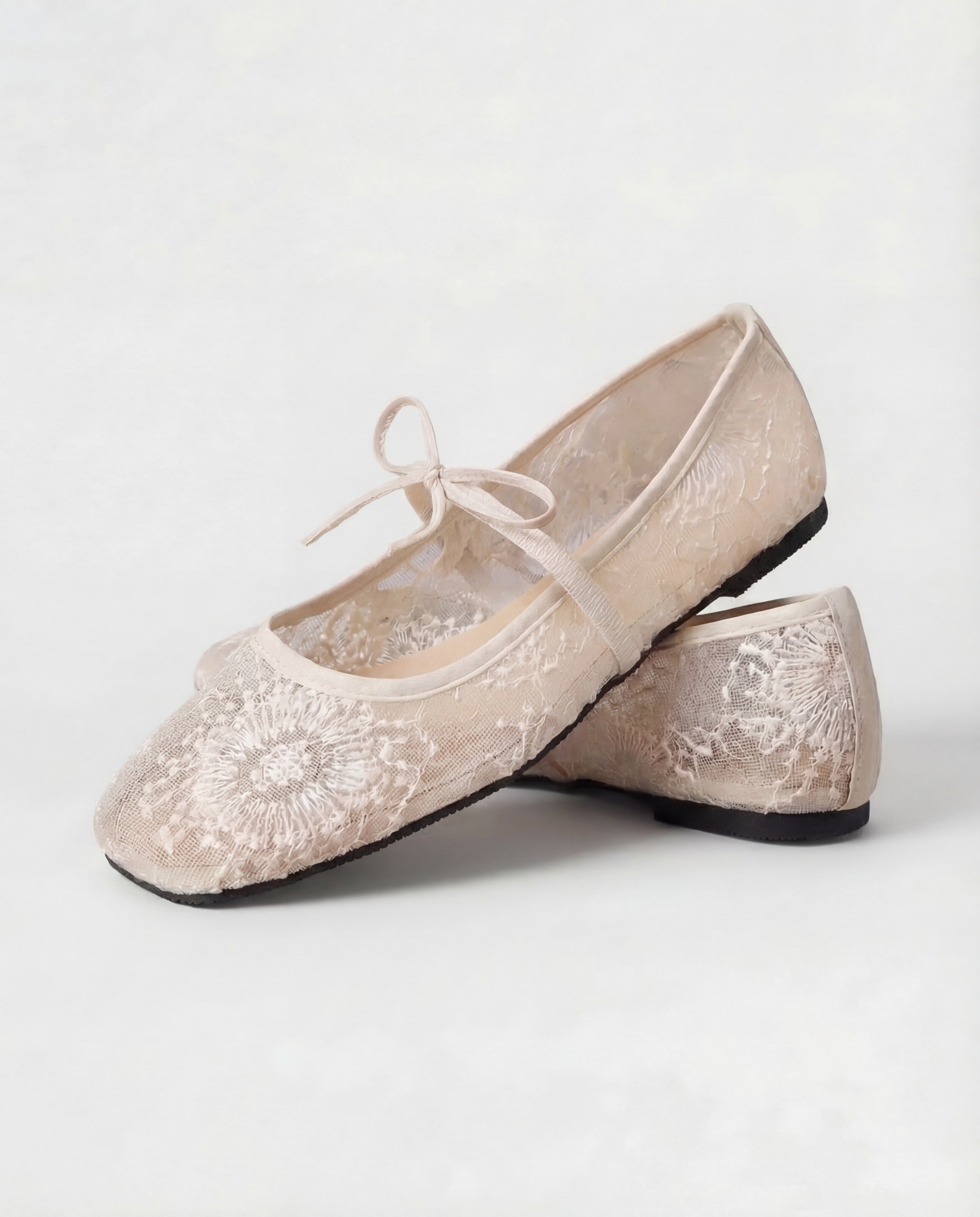 White Lace Ballet Flats with Floral Embroidery