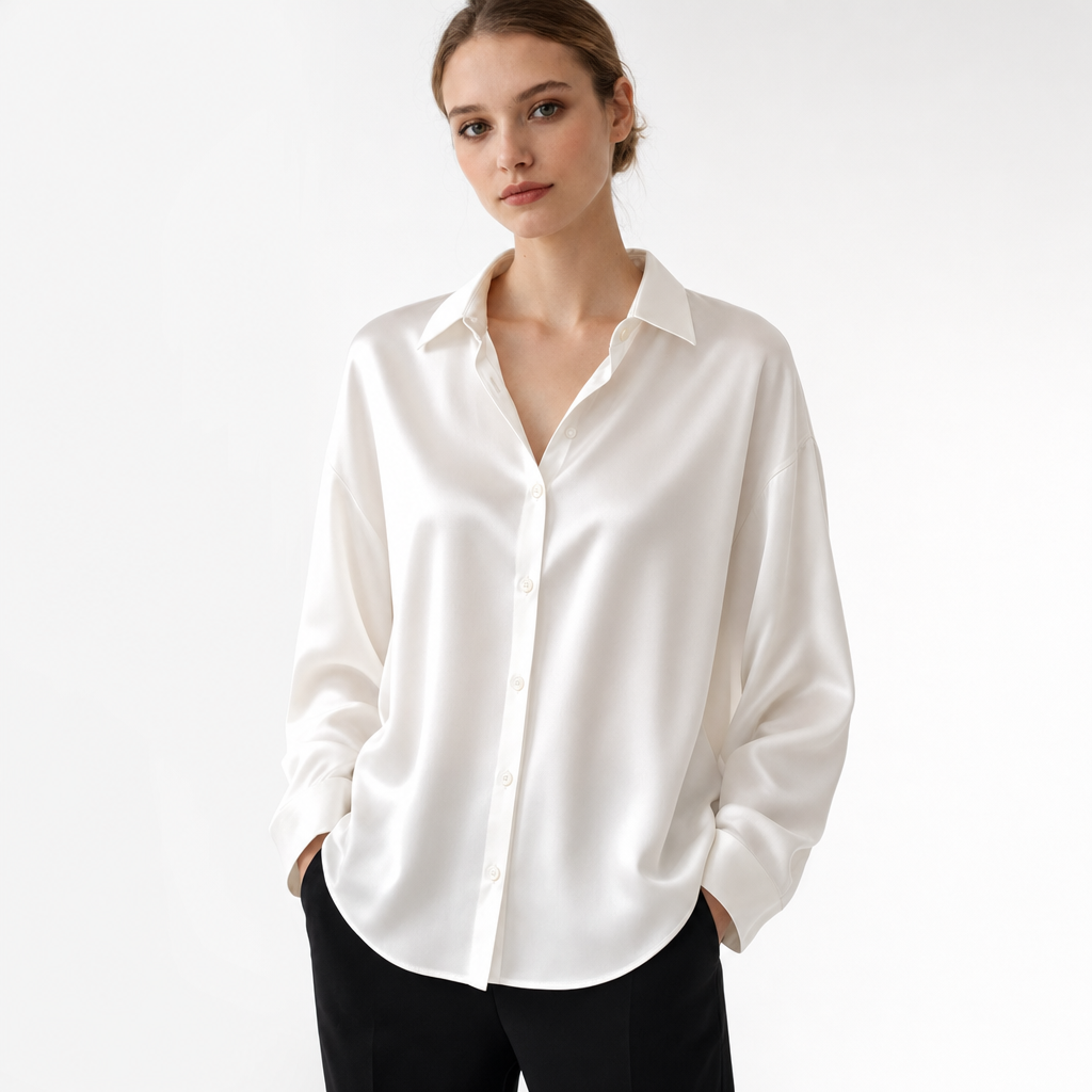 Silk Blouse White Long Sleeve - studio shot