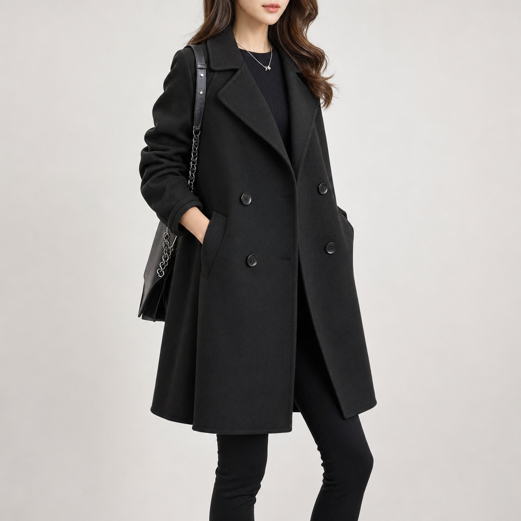 Double-Breasted Long Trench Coat with Wide Lapel