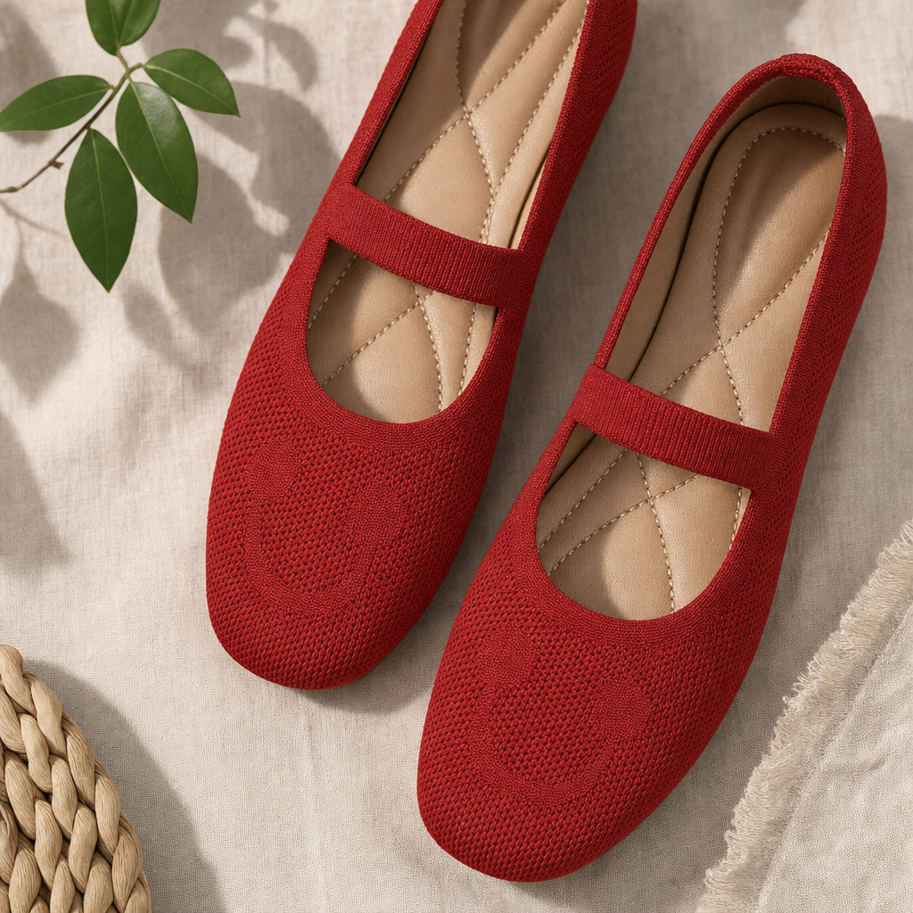 Mary Jane Ballet Flats With Smiling Face Detail - flatlay