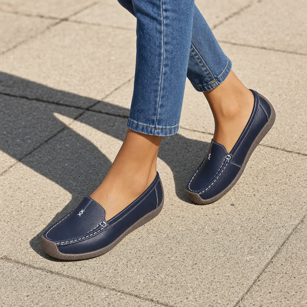 Women's Supportive Leather Loafers Wide Fit Slip-On Comfort - lifestyle shot