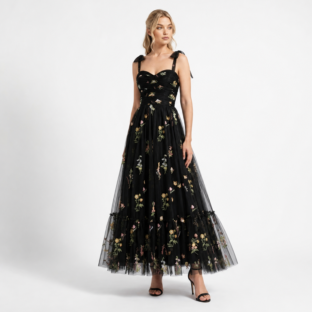 Floral Embroidered Tulle A-Line Evening Gown - studio shot