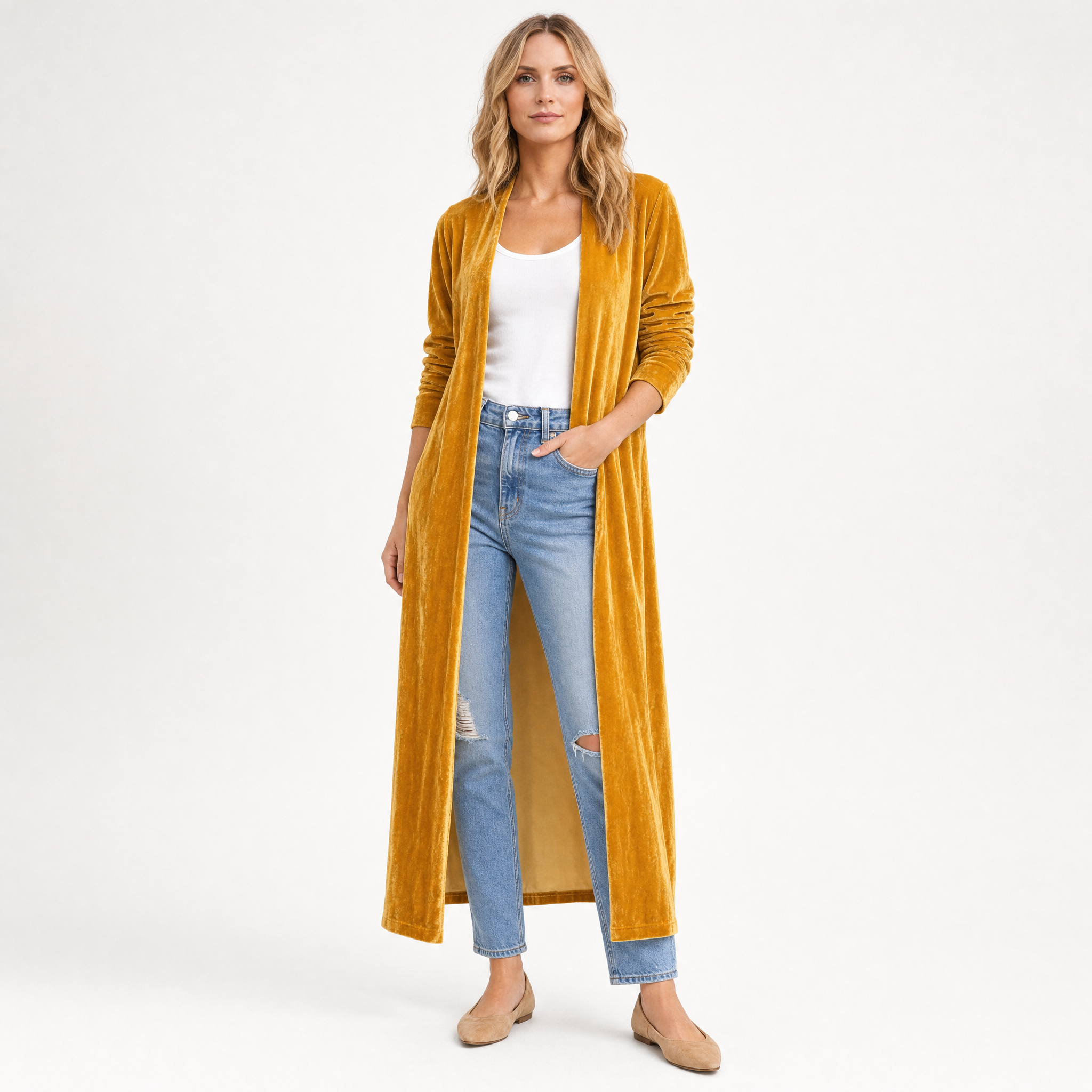 Velvet Longline Open-Front Cardigan