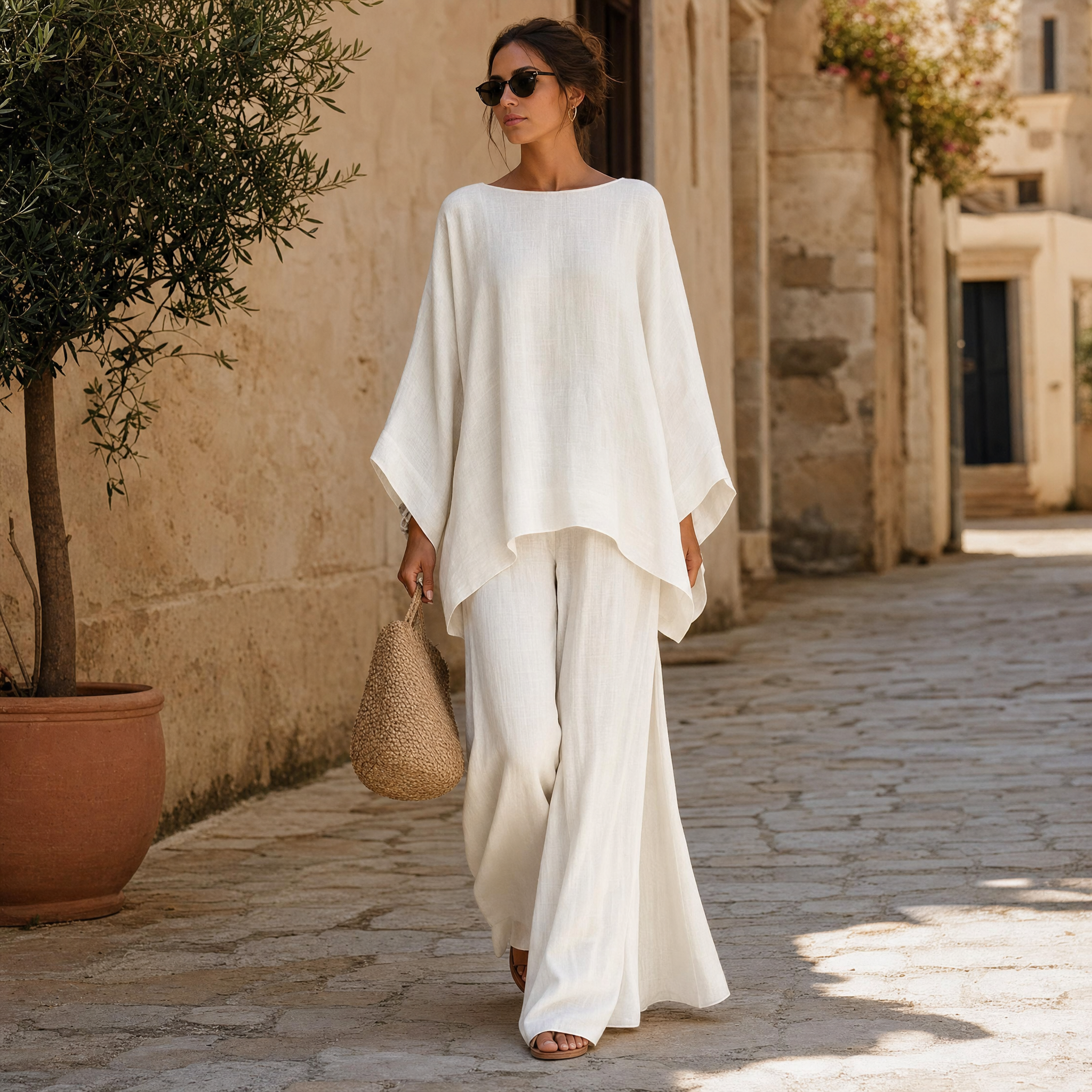Woman wearing cream linen wide-leg two-piece set, lifestyle