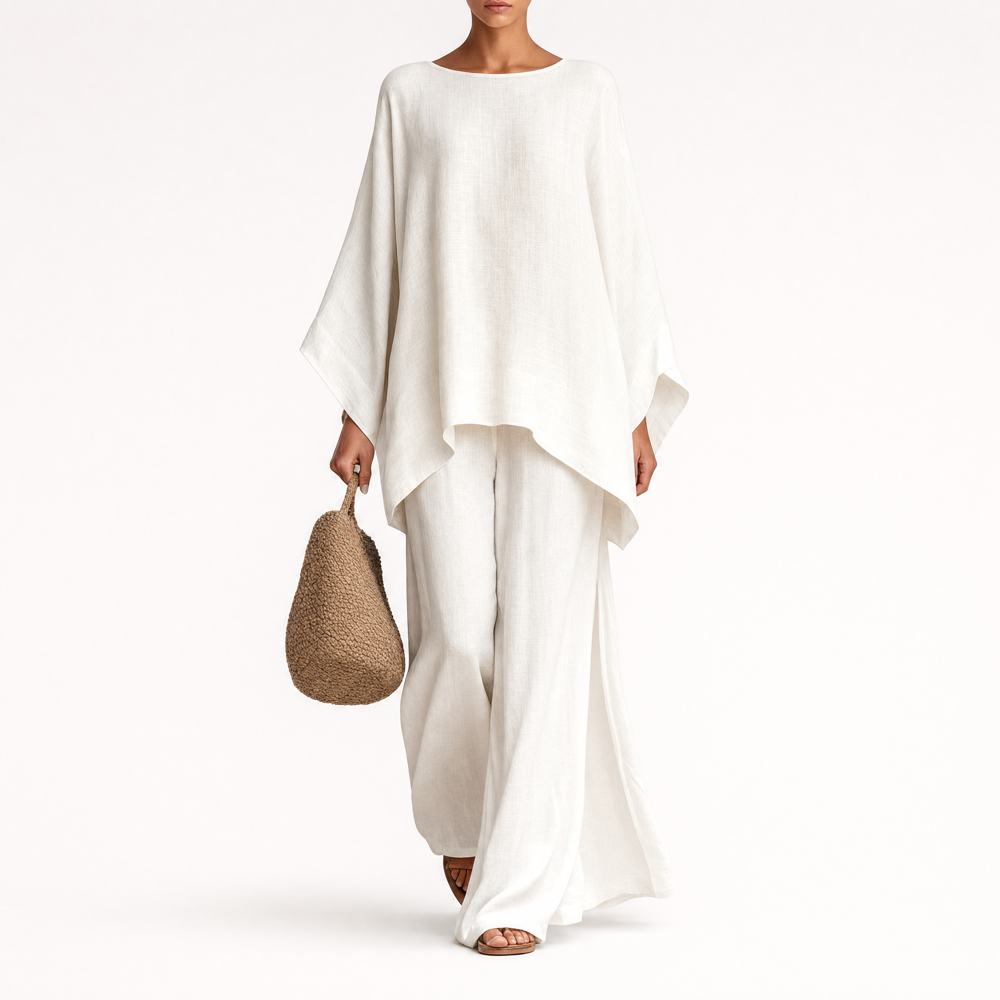 Cream linen wide-leg two-piece set, studio