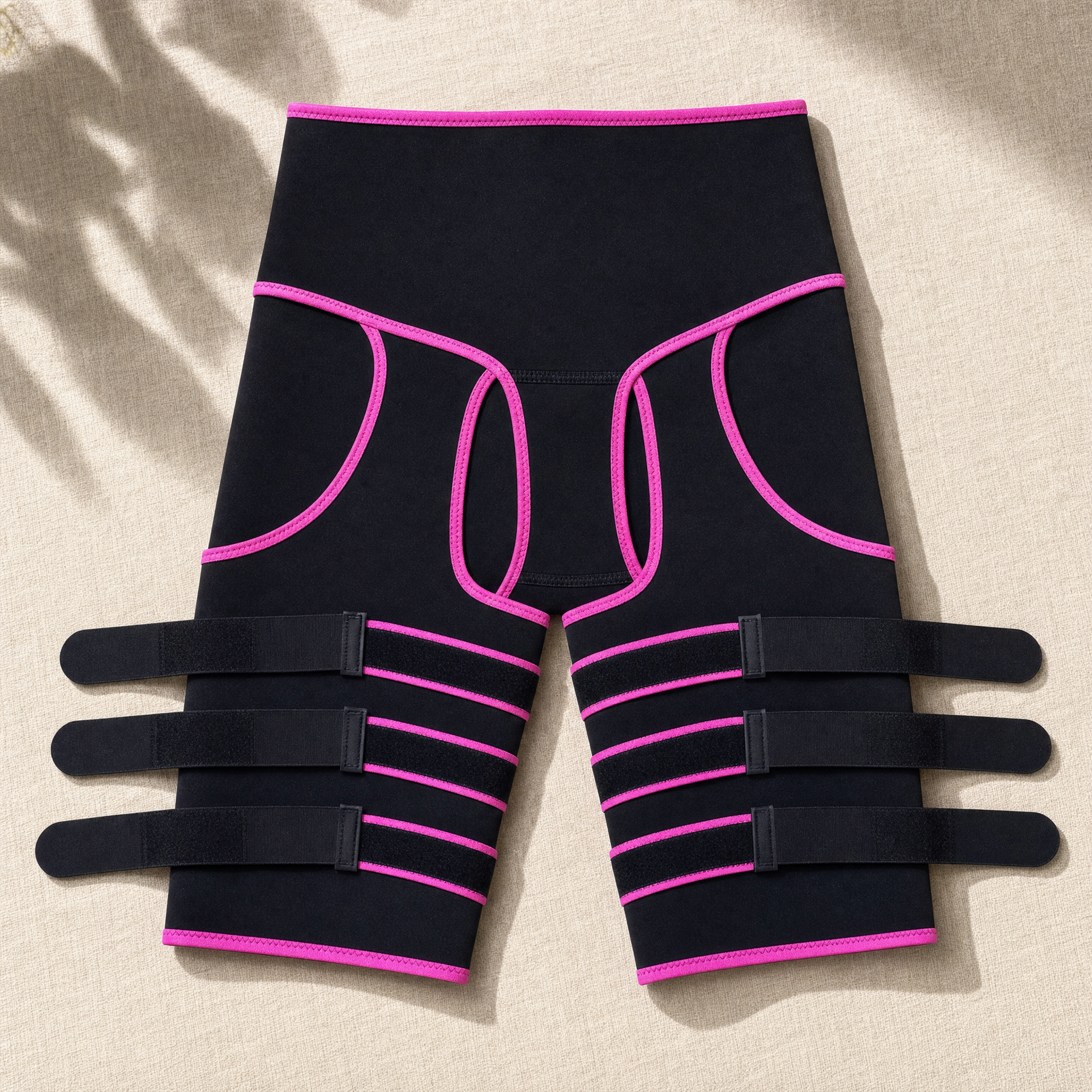 Black neoprene hip and thigh support band with pink trim, flatlay