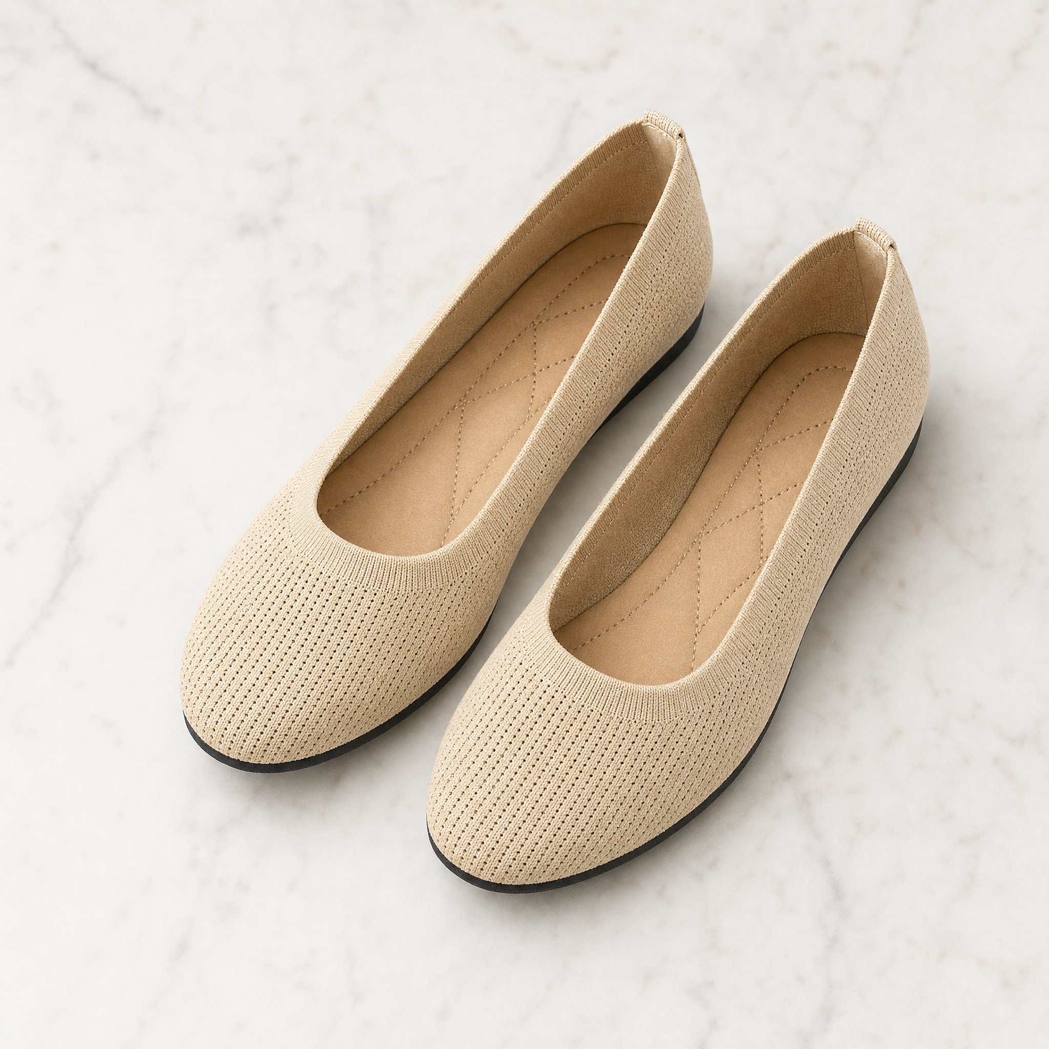 Beige knit slip-on shoes, flatlay