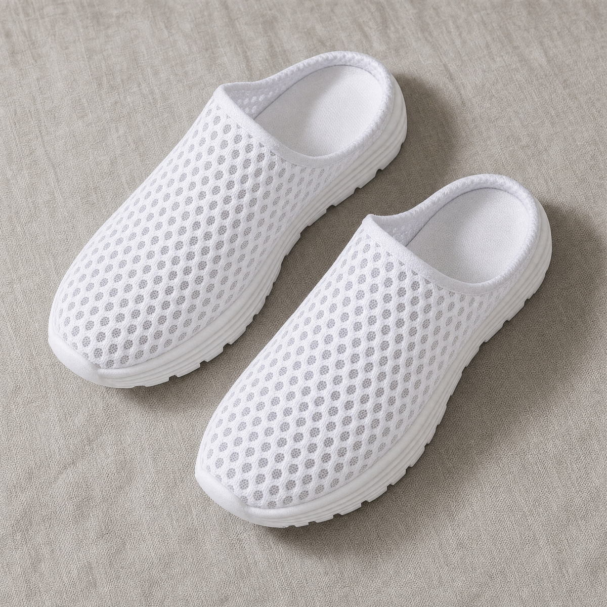 White mesh backless slip-on sneakers, flatlay