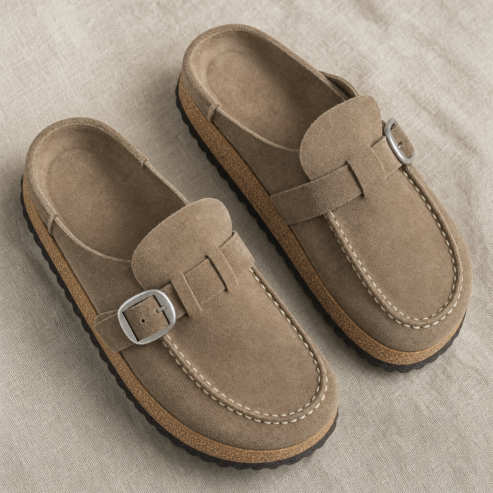 Taupe suede buckle clog mules, flatlay
