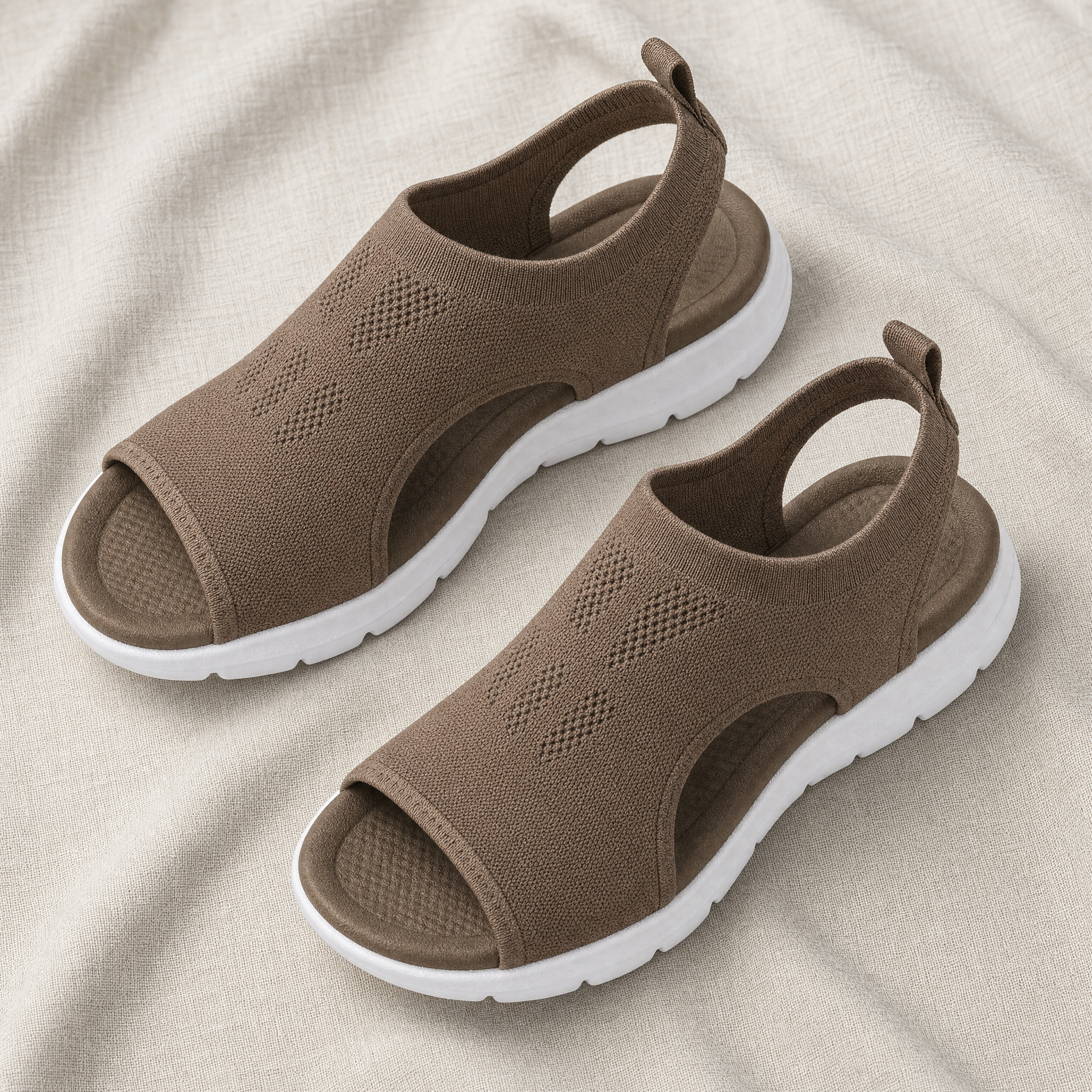 Taupe knit sport walking sandals, flatlay