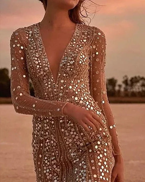 V-Neck Sequin Evening Dress With Sheer Sleeves