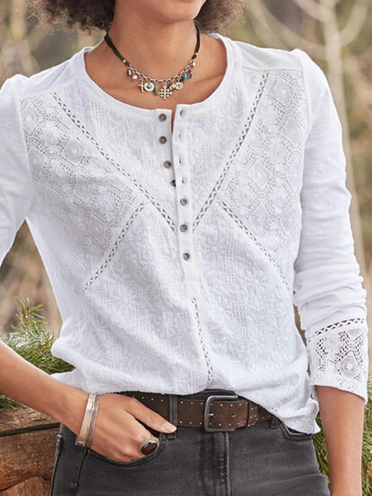 Lace Detail Crew Neck Long Sleeve Casual Top