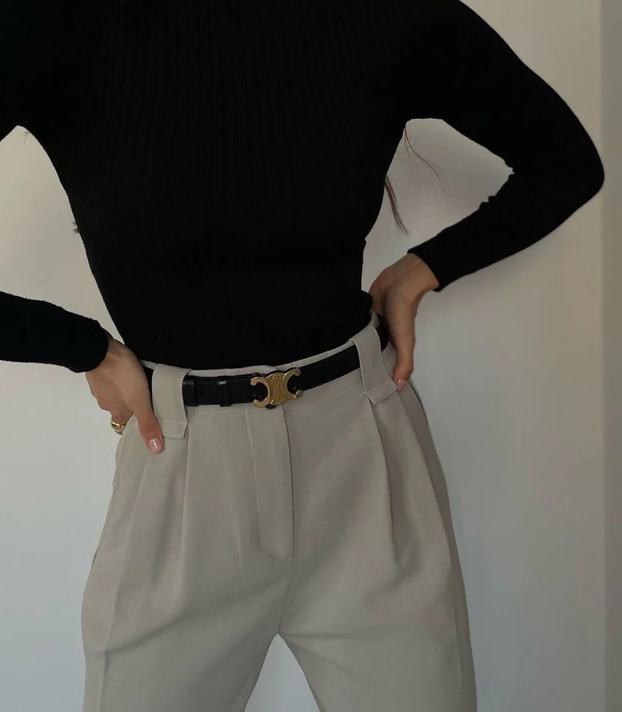 Classic Leather Belt With Polished Gold Buckle