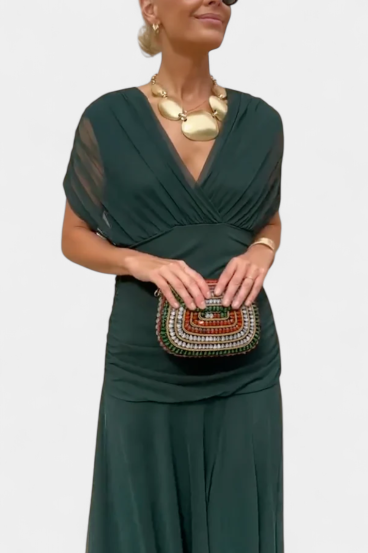 Ruched V-Neck Flowy Maxi Dress