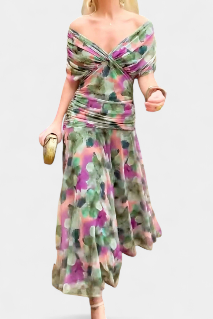 Ruched V-Neck Flowy Maxi Dress