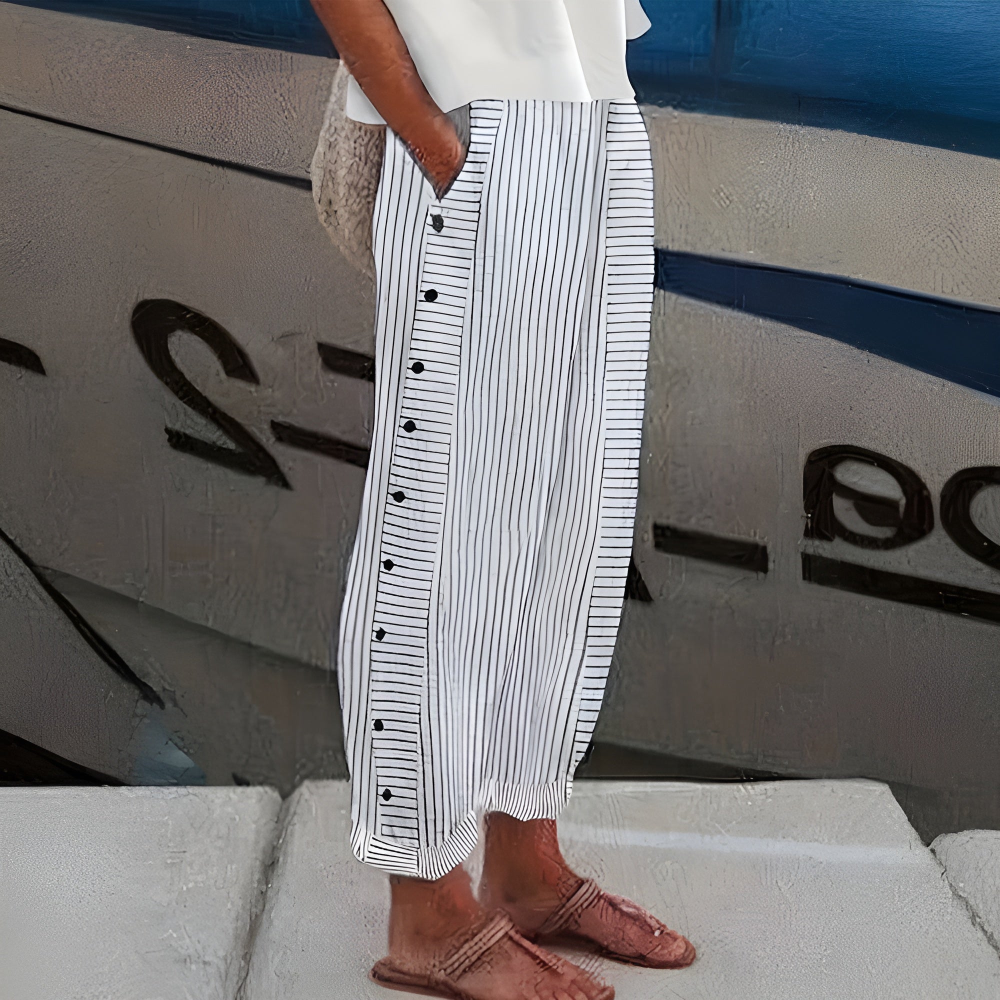 Stripe Panel Cropped Trousers With Button Side Detail