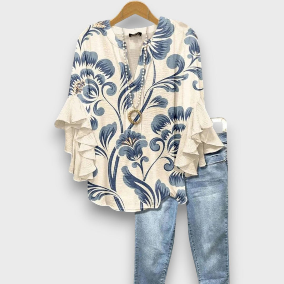 Floral Print V Neck Ruffle Sleeve Blouse