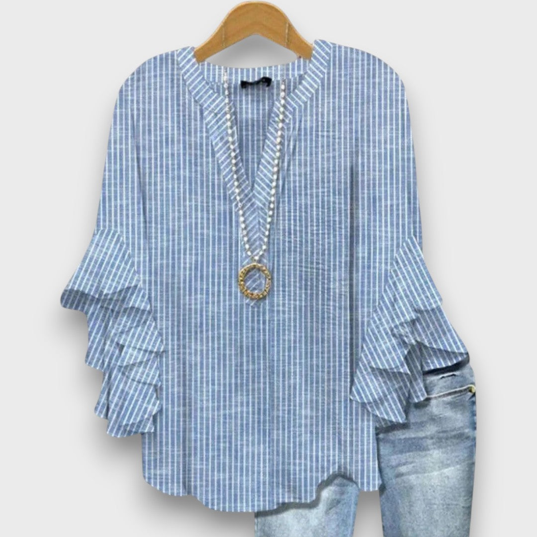 Floral Print V Neck Ruffle Sleeve Blouse
