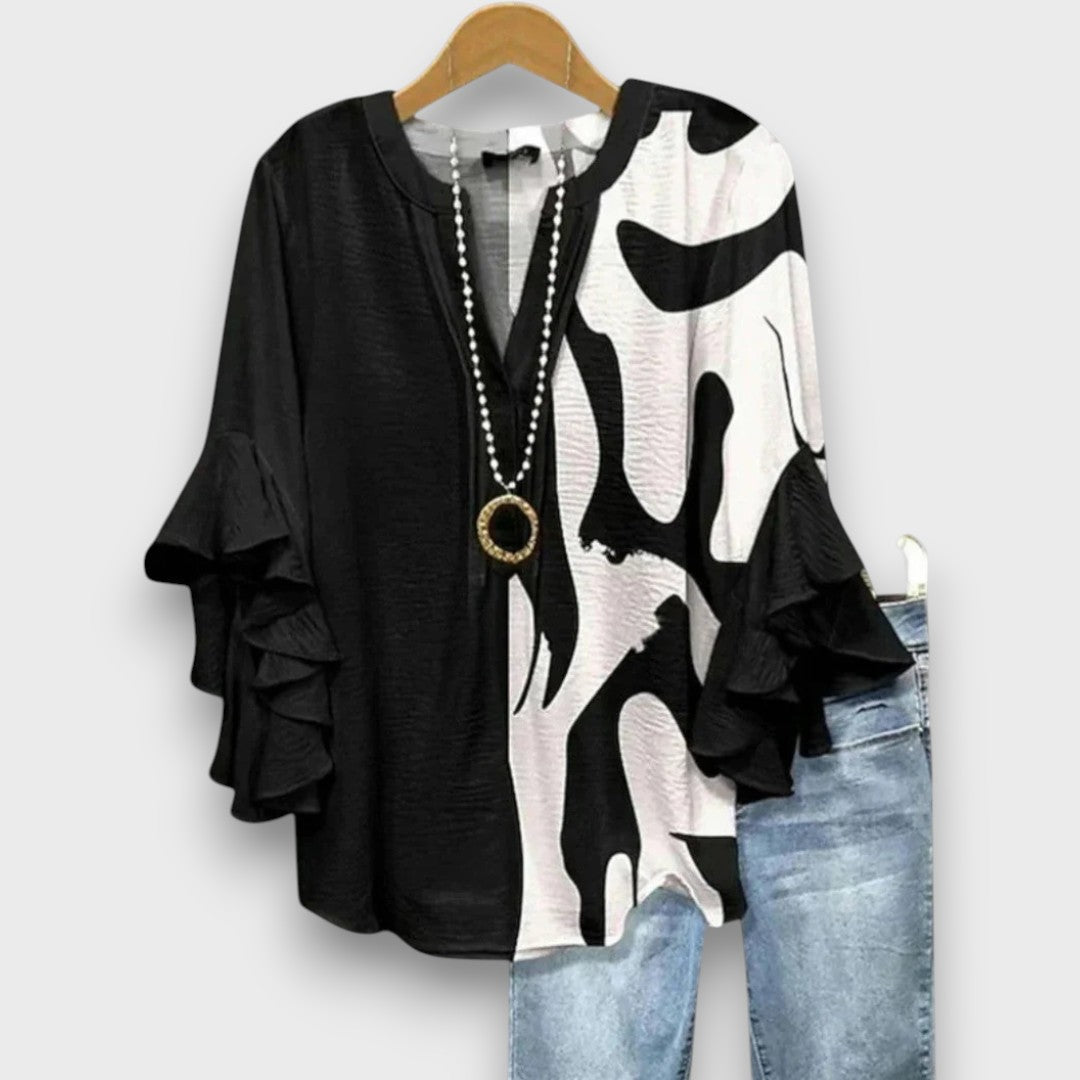 Floral Print V Neck Ruffle Sleeve Blouse