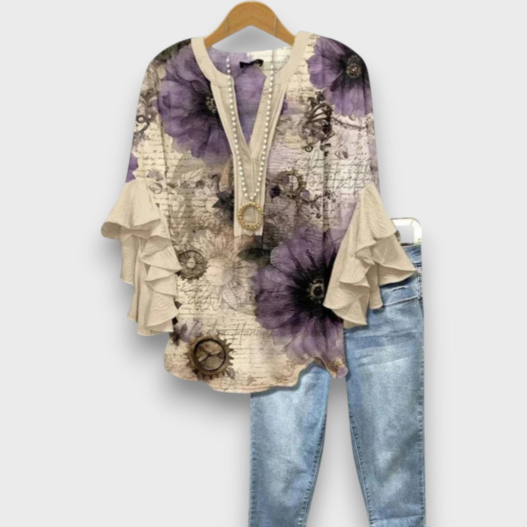 Floral Print V Neck Ruffle Sleeve Blouse