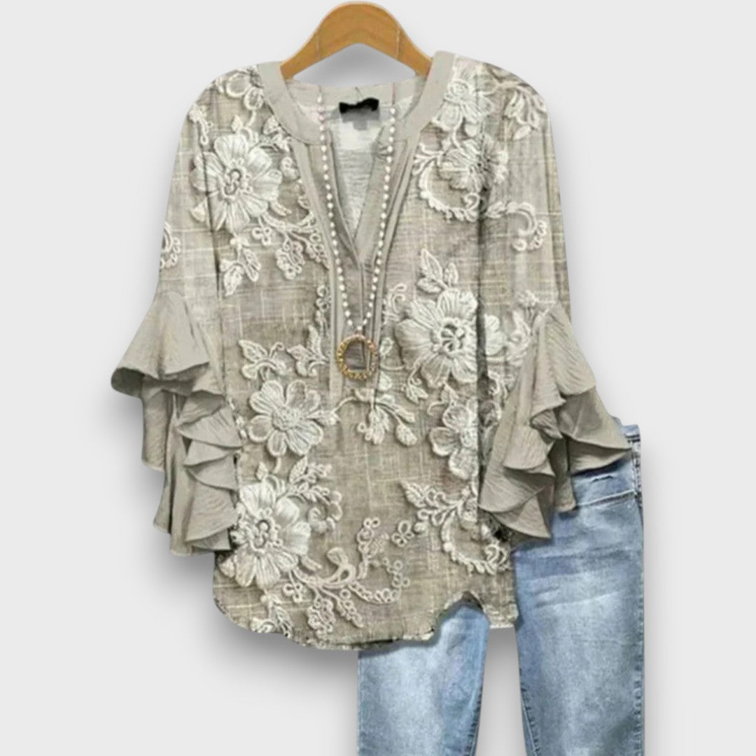 Floral Print V Neck Ruffle Sleeve Blouse