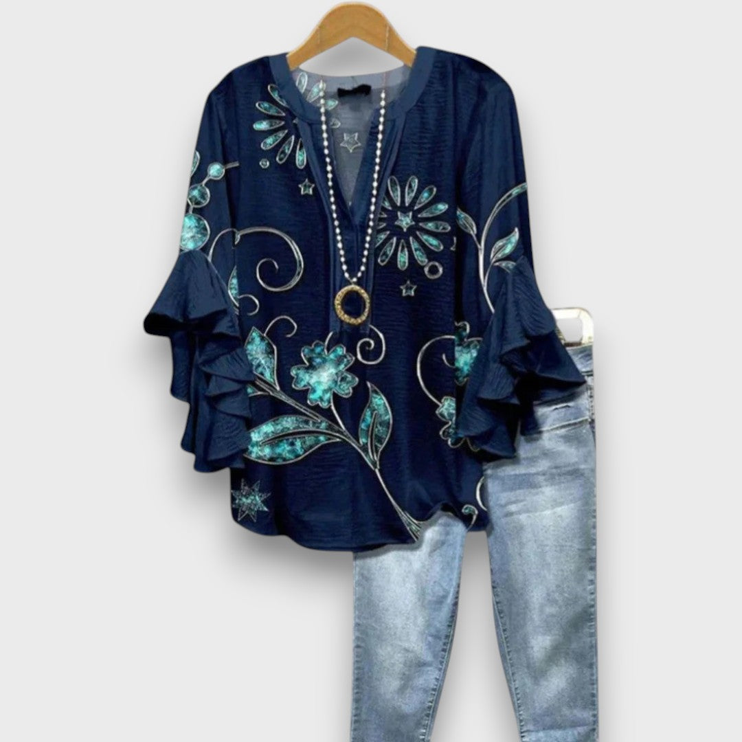 Floral Print V Neck Ruffle Sleeve Blouse