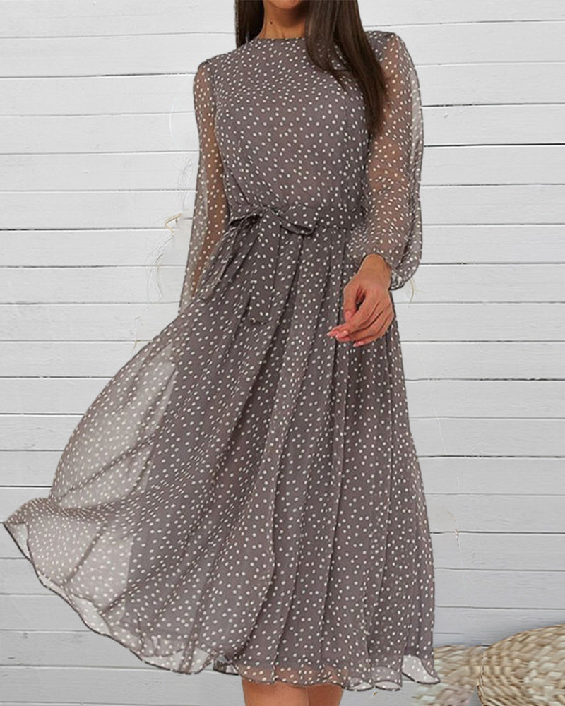 A-Line Knee-Length Dress With Lantern Sleeves and Polka Dot Print