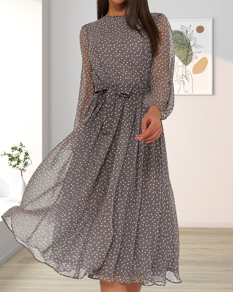 A-Line Knee-Length Dress With Lantern Sleeves and Polka Dot Print