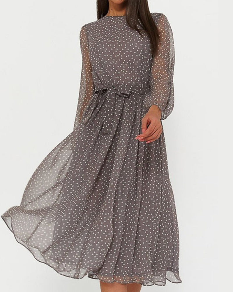 A-Line Knee-Length Dress With Lantern Sleeves and Polka Dot Print
